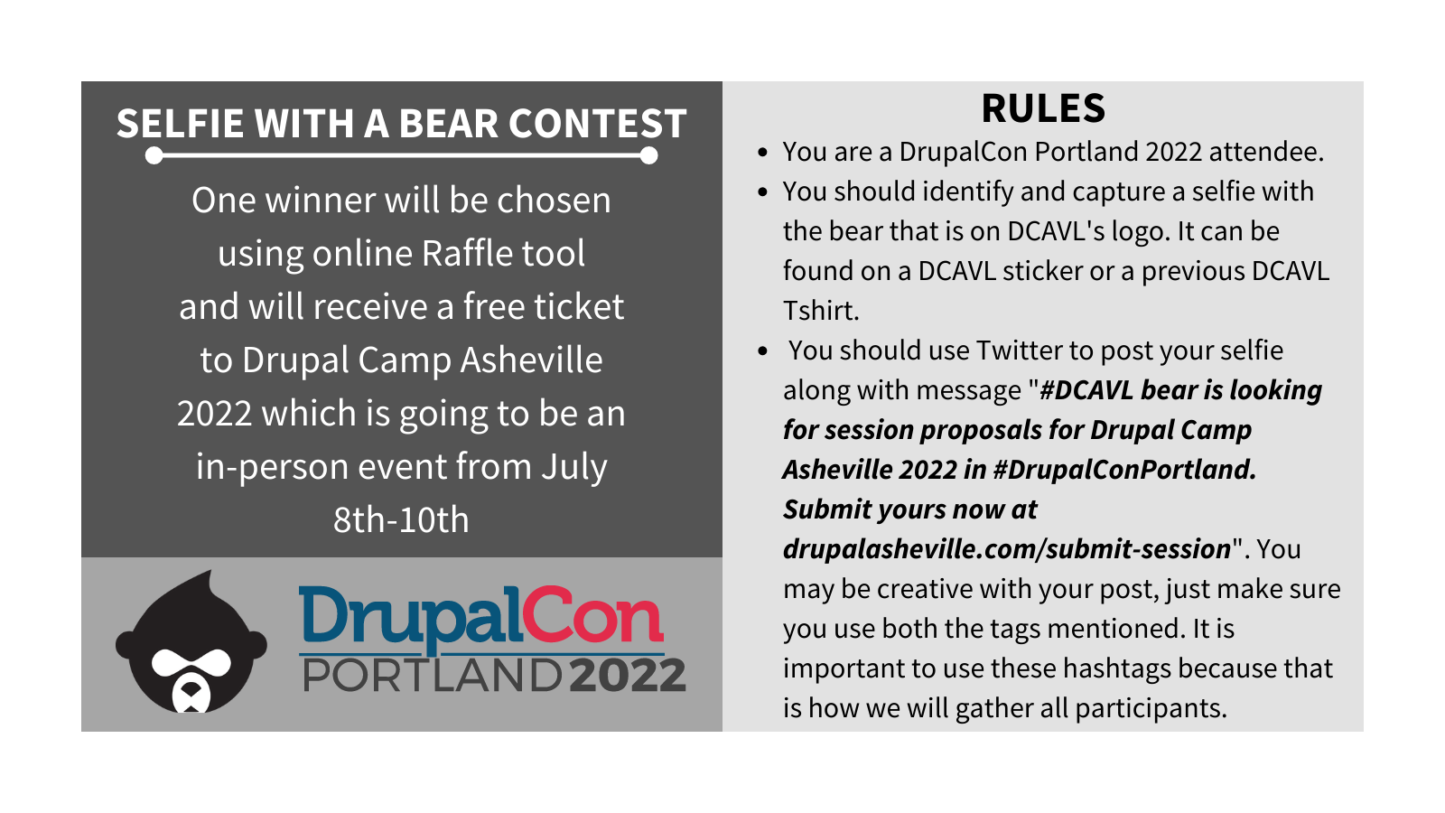 DrupalCon Portland "Selfie with a bear contest" rules which are repeated in text below.