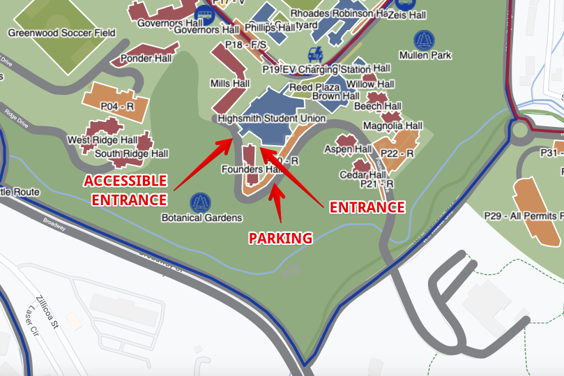 Campus map with entrances indicated.
