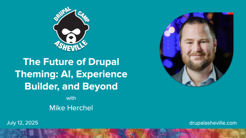 The Future of Drupal Theming: AI, Experience Builder, and Beyond session slide with Mike Herchel's headshot
