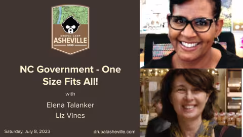 Session title slide with Liz and Elena's headshots