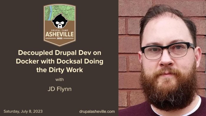 Session title slide with JD's headshot against a brick wall