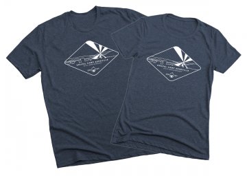 Two navy blue shirts with the 10th anniversary logo in white, one unisex, one slim cut.